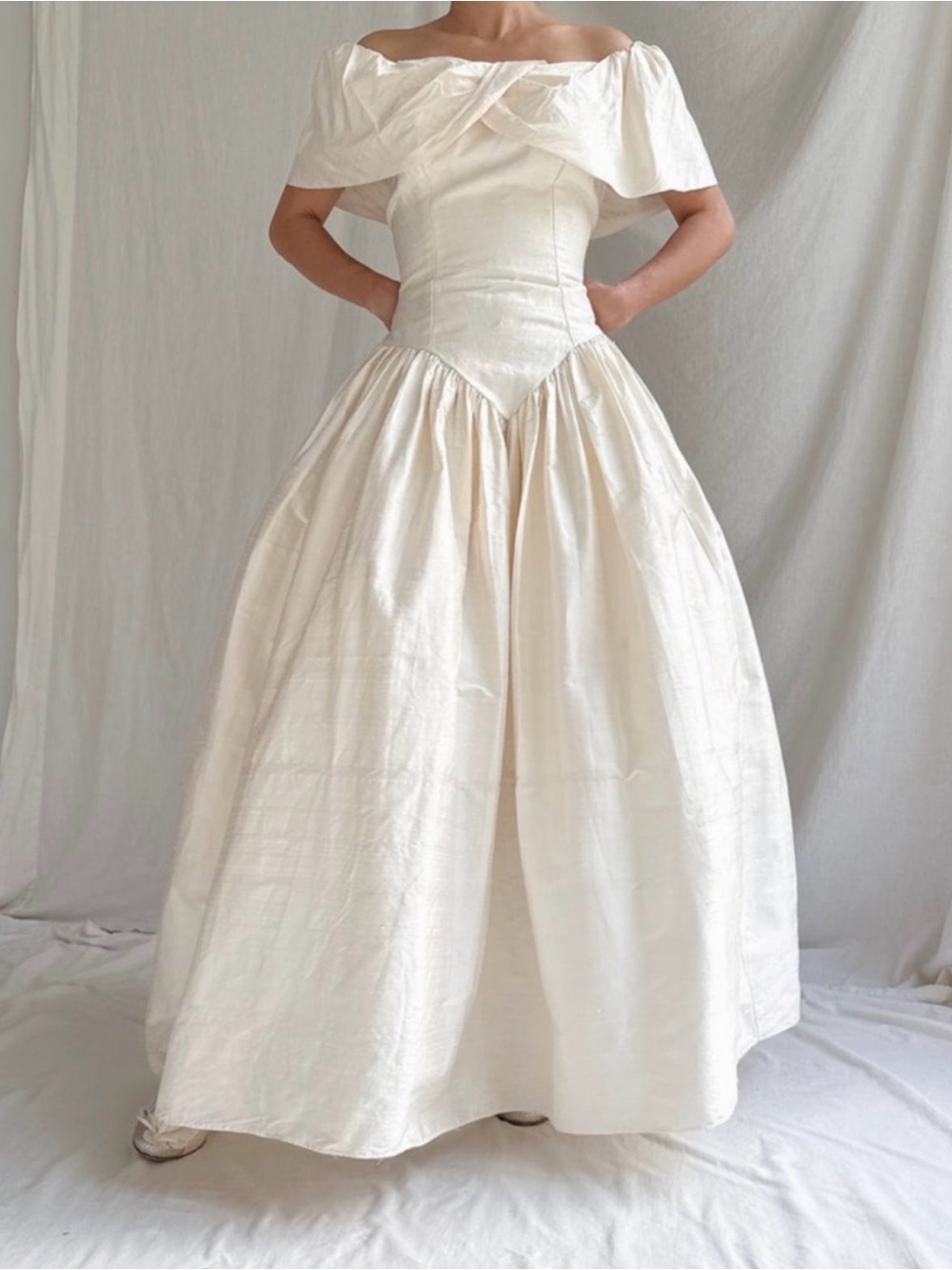 Gossamer Vintage Off Shoulder Raw Silk Vintage Ivory Wedding Gown